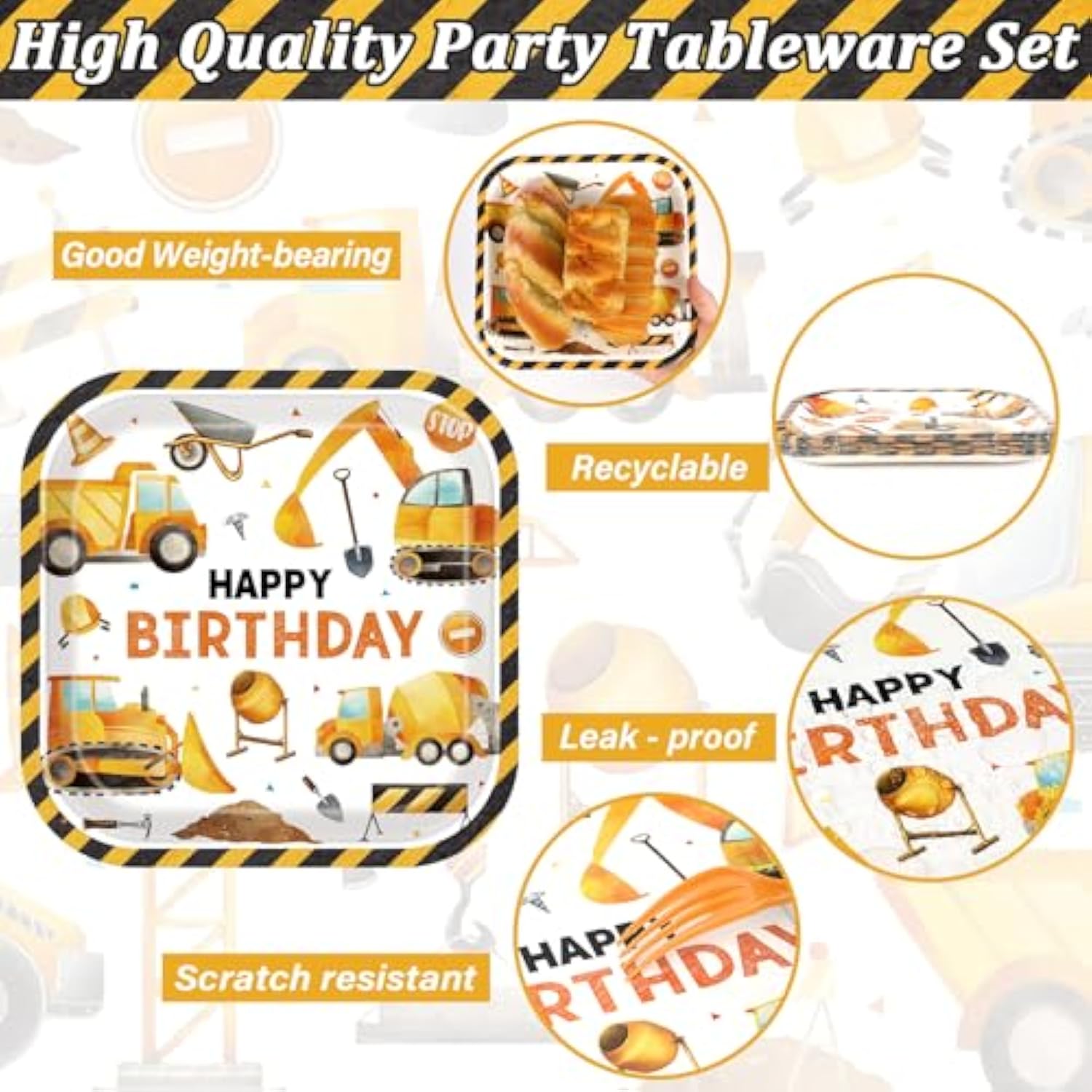 Construction Birthday Party Supplies Construction Theme Decorations Square Truck Constructions Disposable Plates Napkins Tableware Set For Boys Kids Birthday Party Favors Serves 24 Guests