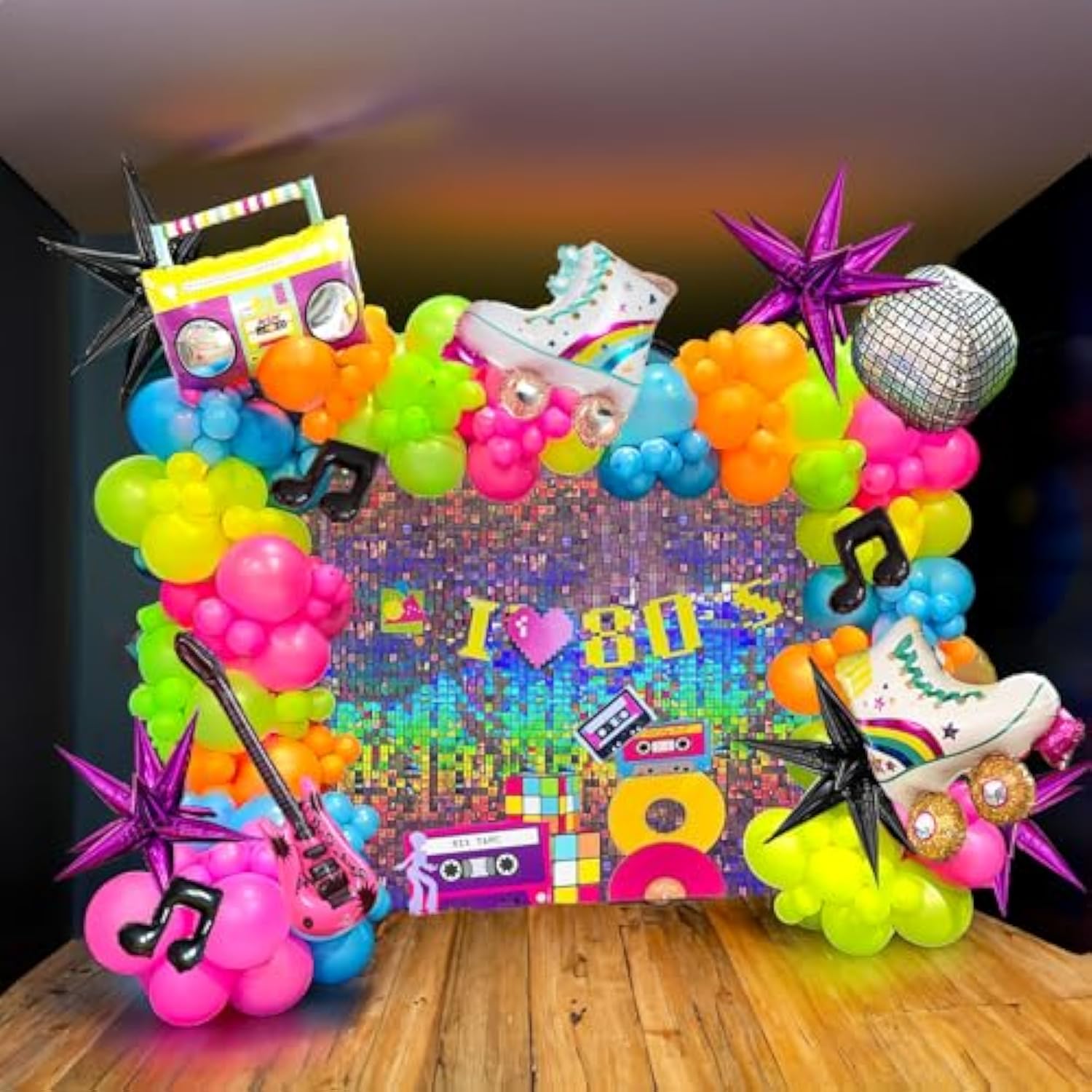 160-Pc 80s Music Theme Balloon Arch Kit with Guitar & Disco Ball