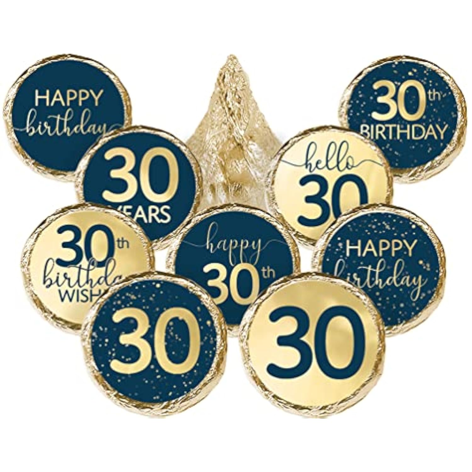 30Th Birthday Party Favor Stickers – 180 Navy Blue And Gold Foil Labels For Chocolate Kisses – Candy Decorations For 30Th Birthday Celebration – Elegant Party Supplies For Him Or Her