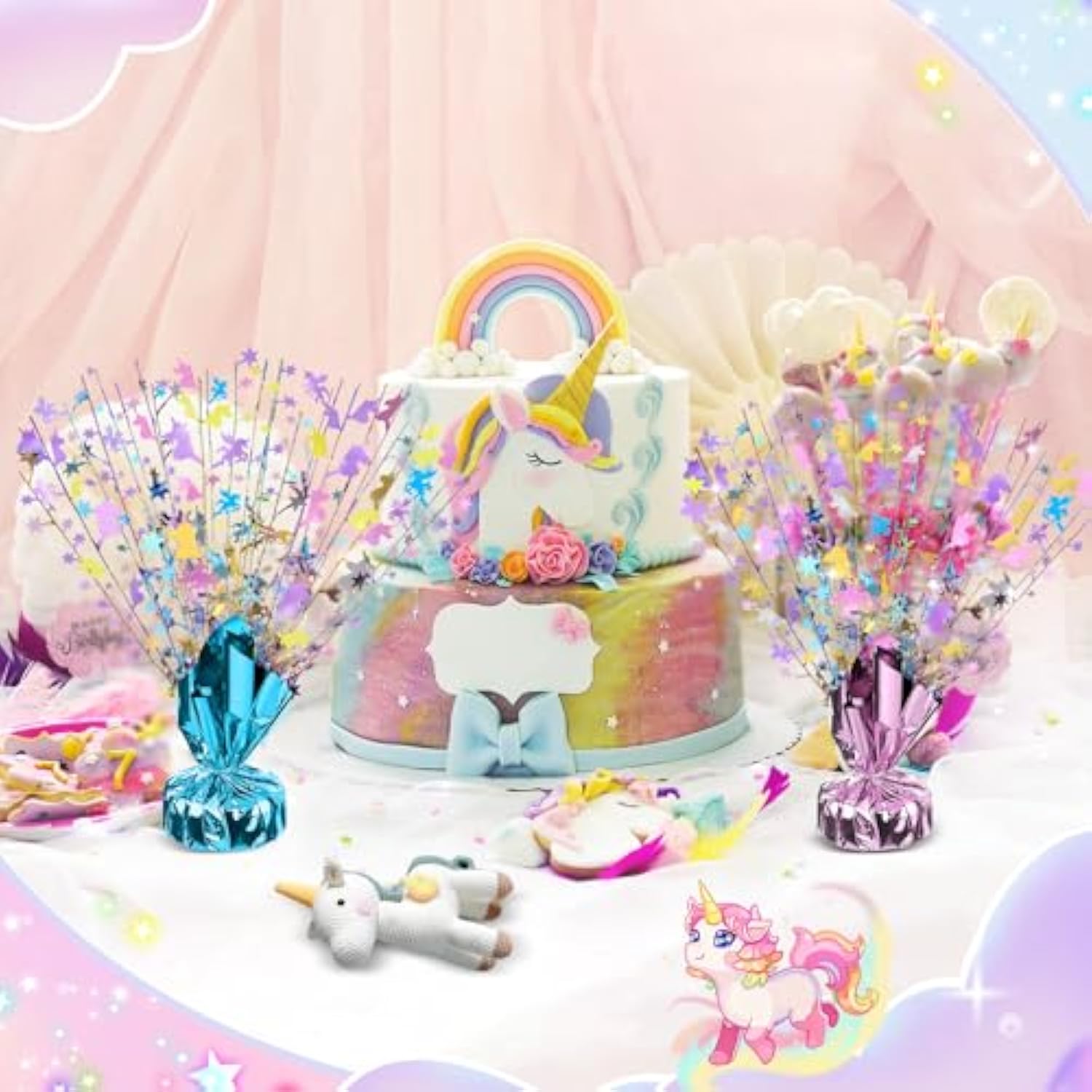 3pcs Rainbow Unicorn Metallic Table Centerpieces with Glitter for Girls' Birthday