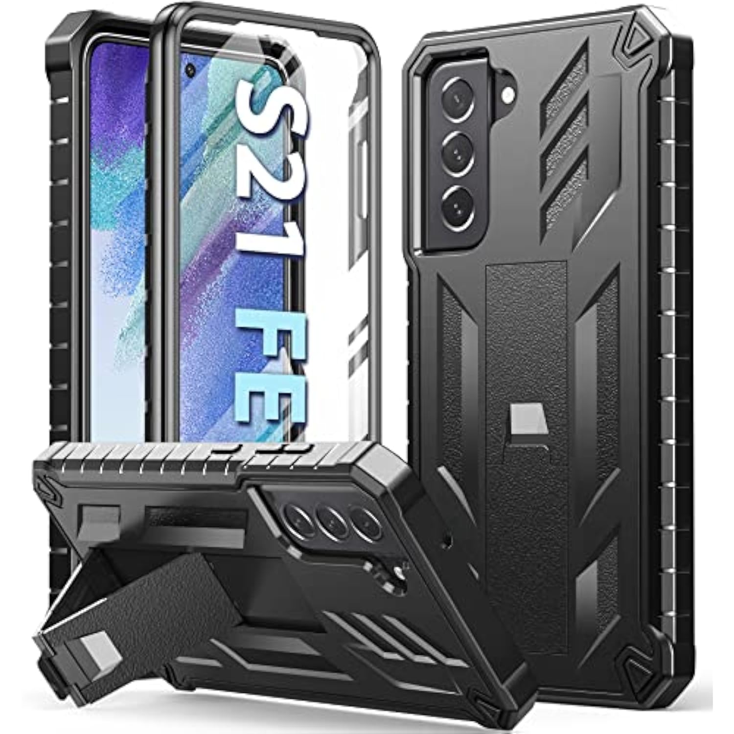 For Samsung Galaxy S21-Fe Protective Case: Dual-Layer Military Grade Drop Proof Full Protection Cover With Kickstand | Durable Rugged Shockproof Tpu Matte Textured Tough Phone Bumper Shell (Black)