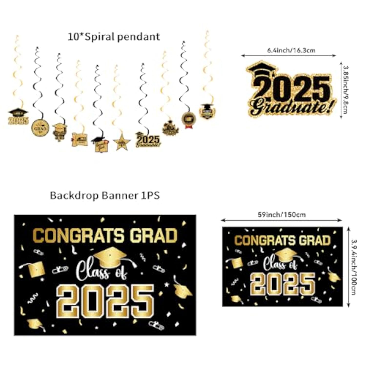 2025 Graduation Decorations Black "Class of 2025" Banner, Balloons & Swirls