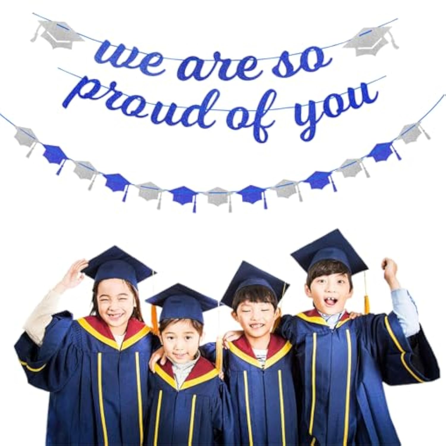 Navy-Blue White-Silver Party-Decoration Graduation Banner - 8Pcs Kits Cap Garland Streamers, Paper Tissue Pom Poms Flowers,We Are So Proud Of You Congratulations Grad 2026 Decor