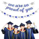 Navy-Blue White-Silver Party-Decoration Graduation Banner - 8Pcs Kits Cap Garland Streamers, Paper Tissue Pom Poms Flowers,We Are So Proud Of You Congratulations Grad 2026 Decor
