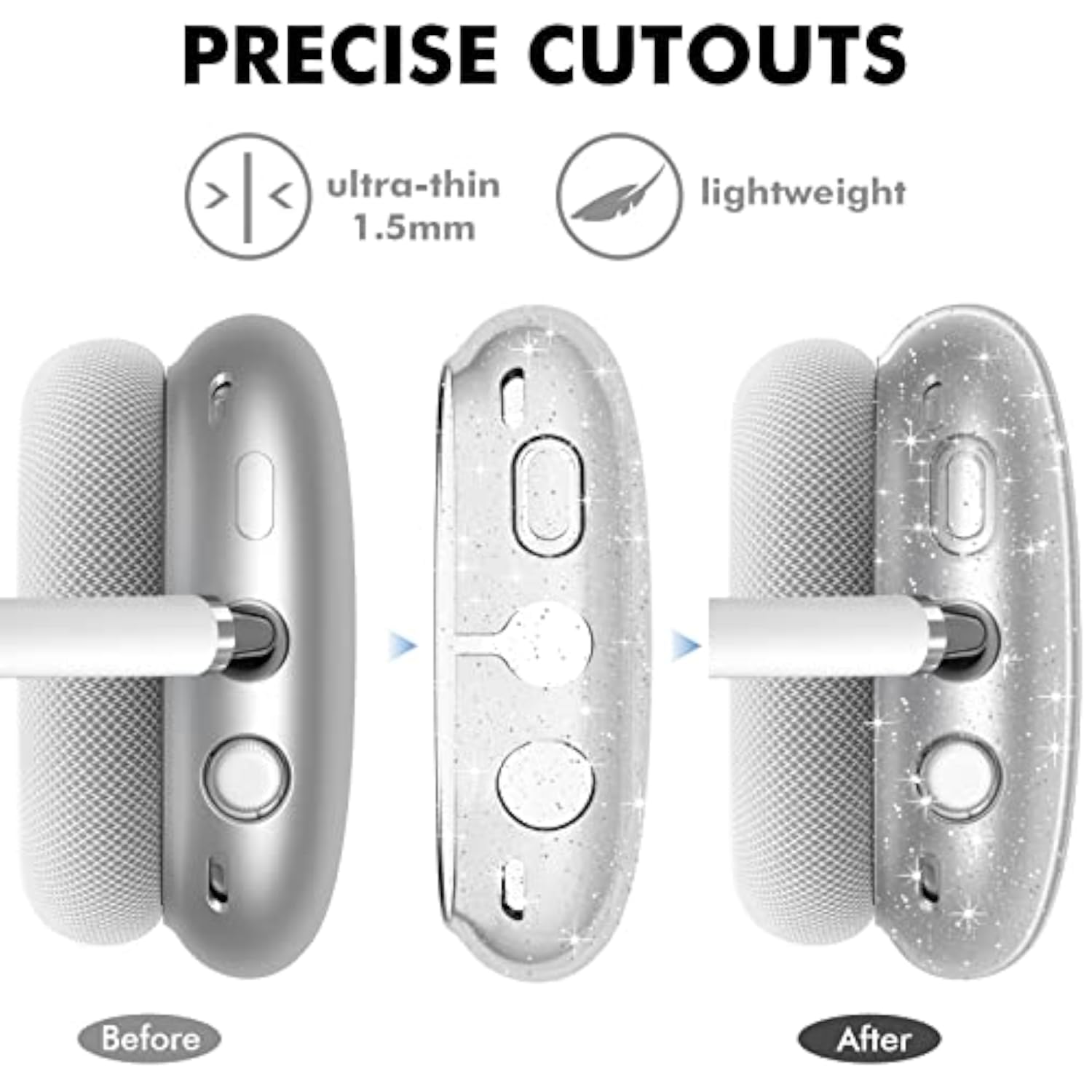 Clear Case for AirPods Max Protective Ear Cups Cover with Soft TPU Material, Anti-Fingerprint, Anti-Scratch, and Anti-Dust Coating (Glitter Finish)