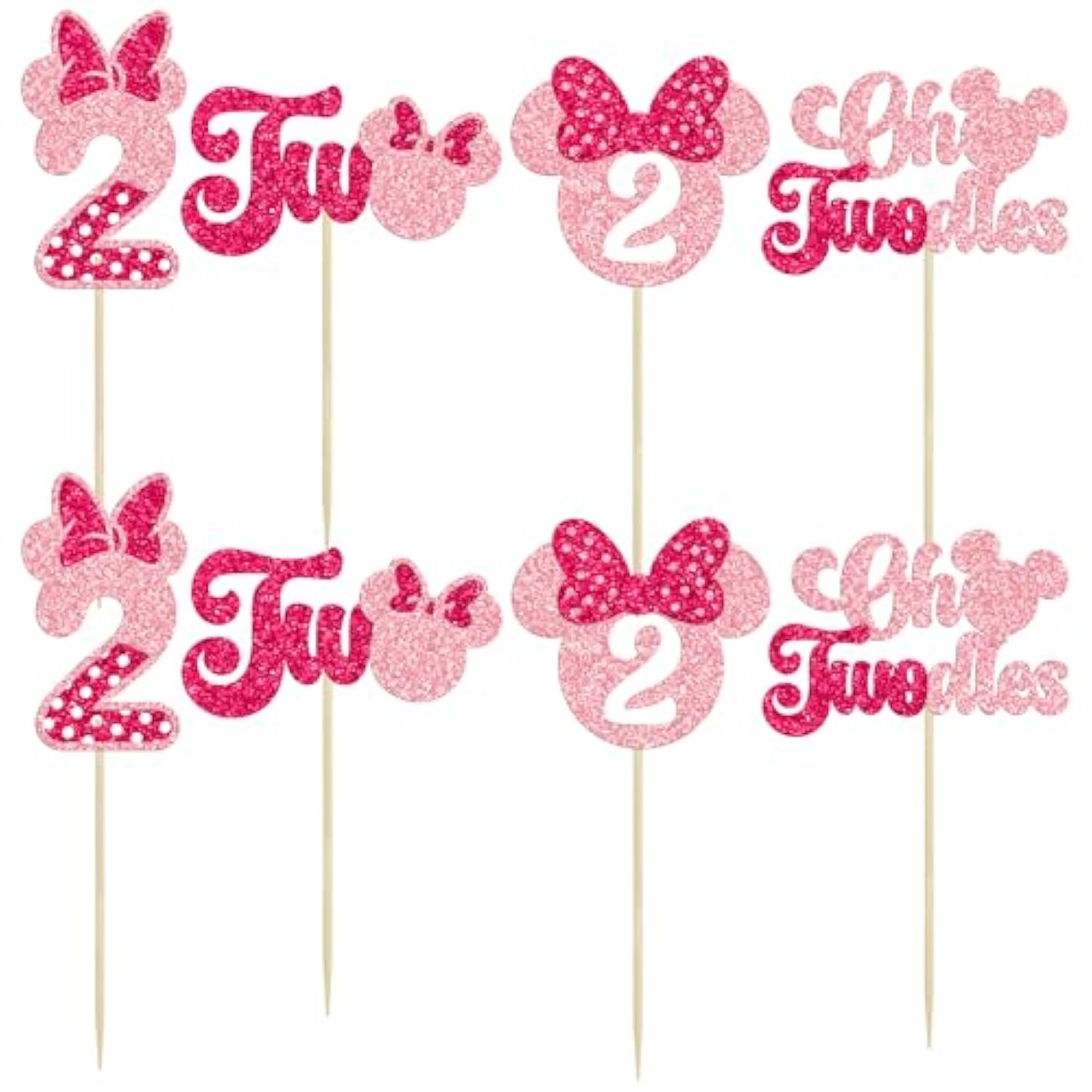 24Pcs Mouse 2Nd Birthday Cupcake Toppers, Pink Bow Mini Second Birthday Party Decorations Mouse Two Oldes Cupcake Picks For Baby Shower Birthday Party Decorations Pink Rose Red