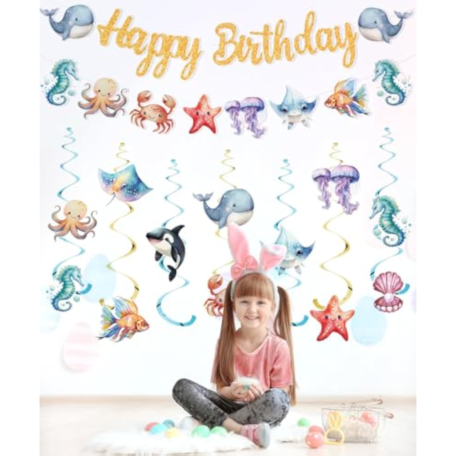 Sea Animals Hanging Swirl Ceiling Streamers Decorations, Under Sea Happy Birthday Banner Sign Party Decoration For Kids Baby Shower Ocean Sea Party Supplies Room Decor