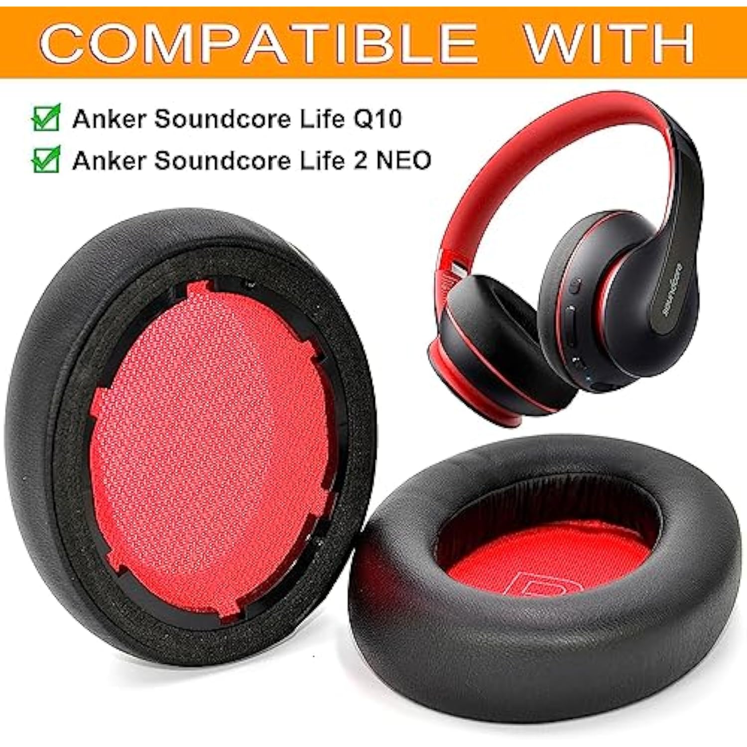 Life Q10 Ear Pads Replacement Ear Cushion Foam Soft Earpads Compatible With Anker Soundcore Life Q10 / Q10 Bt/Life 2 Neo Bluetooth Headphones Ear Cushion (Black/Red)