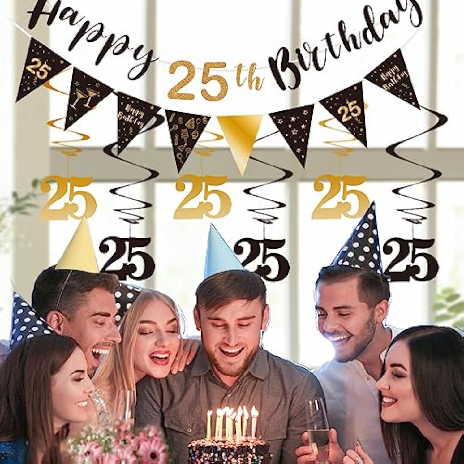 25Th Birthday Decoration Kit For Men Women, Happy 25Th Birthday Banner Bunting Swirls Streamers, Triangle Flag Banner For Birthday Party Decorations Supplies Black And Gold 25Th