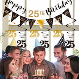 25Th Birthday Decoration Kit For Men Women, Happy 25Th Birthday Banner Bunting Swirls Streamers, Triangle Flag Banner For Birthday Party Decorations Supplies Black And Gold 25Th