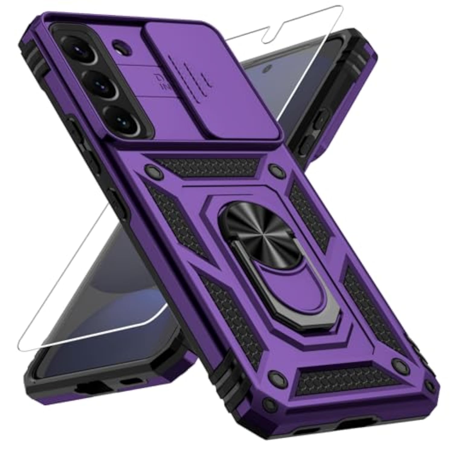 Samsung Galaxy S22 Plus Case with Camera Lens Cover, HD Screen Protector, 10 FT Military Grade Drop Protection, Magnetic Ring Holder Kickstand Protective Phone Case, Deep Purple