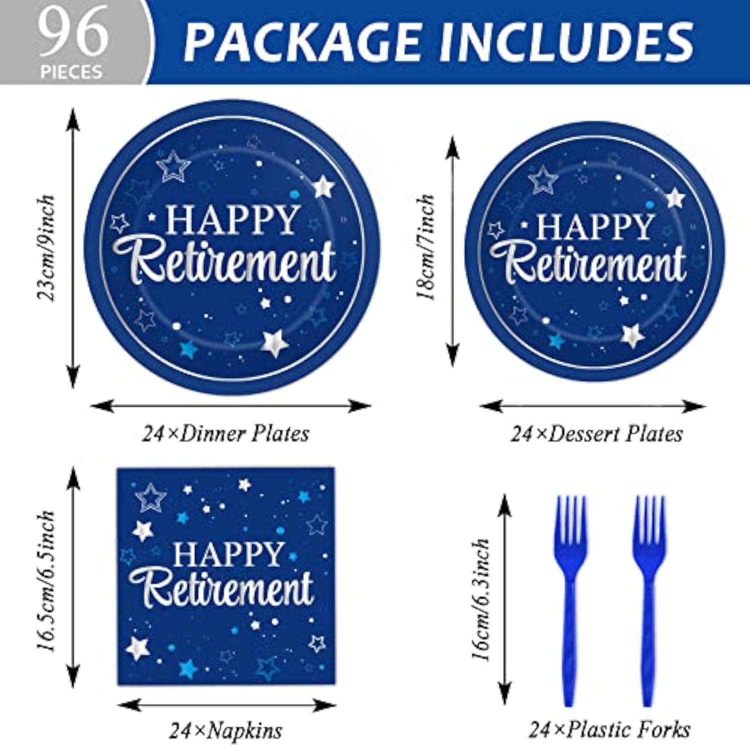 96Pcs Retirement Party Supplies – Blue Happy Retirement Plates & Napkins Set for 24 Guests