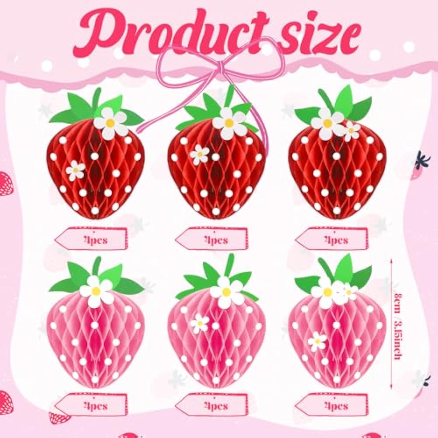 24 Pcs Strawberry Party Decorations Strawberry Honeycomb Balls Birthday Favors Berry First Theme Table Centerpieces Tissue Paper Honeycomb Tabletop Hanging Decor Party Supplies(Red, Pink)