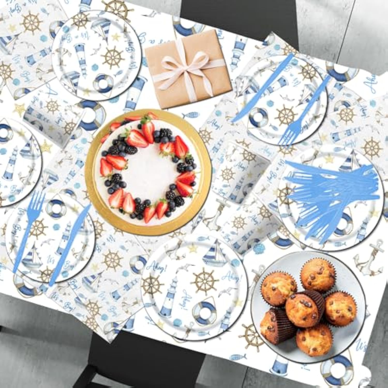Ahoy Nautical Baby Shower Decorations Tableware - 142Pcs Its A Boy Plates And Napkins Supplies, Party Dinnerware Tablecloth For Sailor Theme Decorations