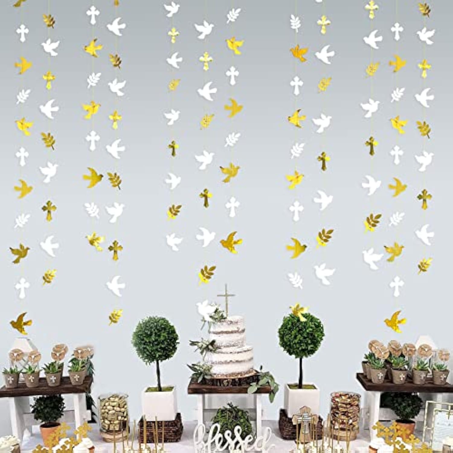 40Ft Gold And White Peace Doves Olive Leaf Cross Paper Garland Streamer For Spring Wedding Bridal Baby Shower Birthday Engagement First Holy Communion Religious Christian Baptism Tea Party Decorations