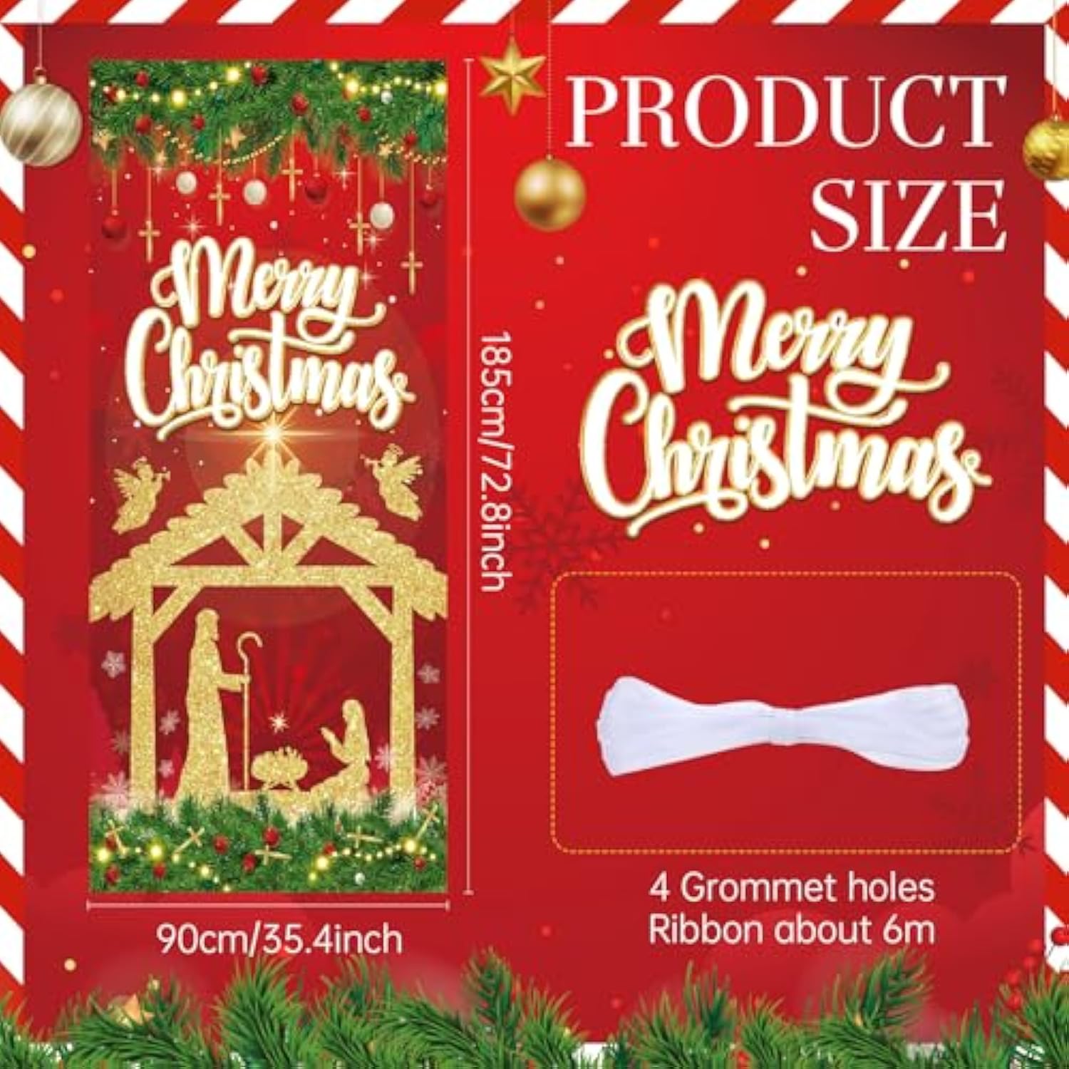 Christmas Nativity Door Banner Red Gold Jesus Scene Party Decoration 73x36 Inch