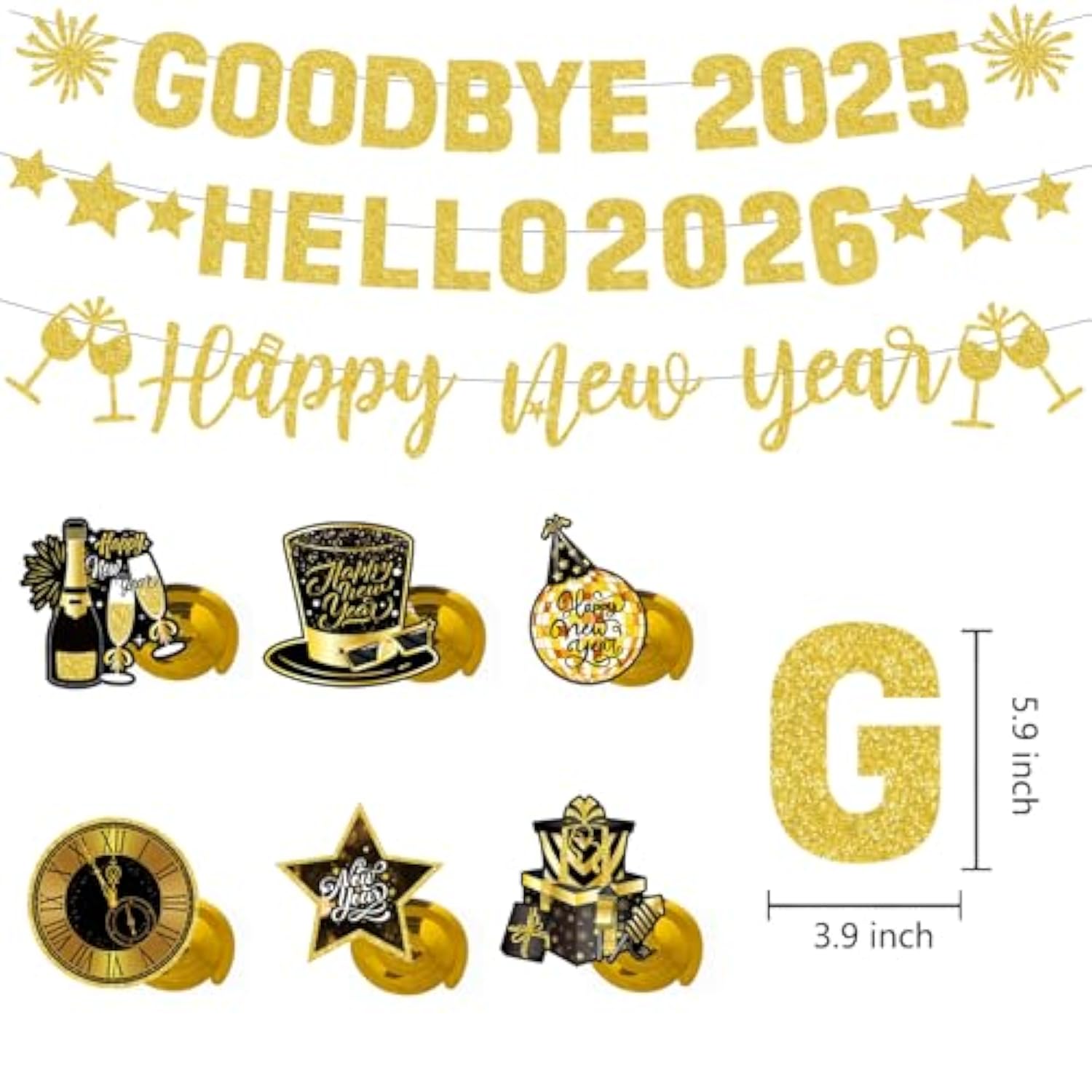 Gold Glitter Goodbye 2025 Hello 2026 Banner for New Year’s Eve Party Decor