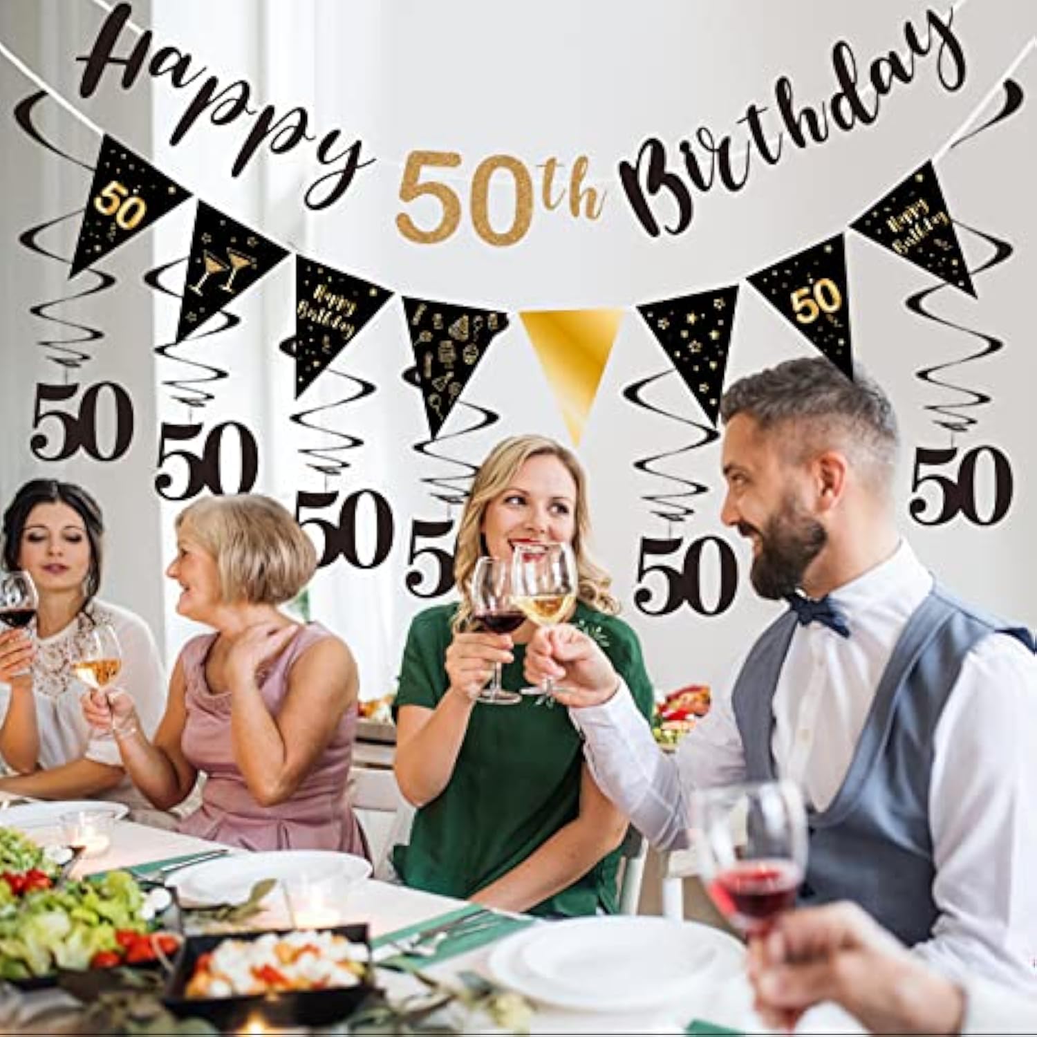 Black-gold 50th birthday kit for men with banner, bunting, swirls & triangle flags