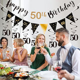 Black-gold 50th birthday kit for men with banner, bunting, swirls & triangle flags