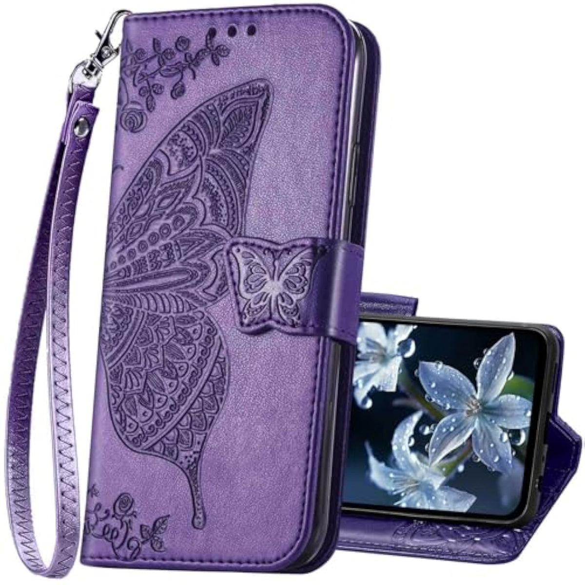 For Galaxy A15 5G Phone Case Wallet,Women Butterfly Embossed Flip Pu Leather With Credit Card Holders Kickstand Wrist Strap Purse Cover For Samsung A15 5G (Purple)