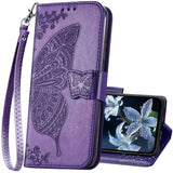 For Galaxy A15 5G Phone Case Wallet,Women Butterfly Embossed Flip Pu Leather With Credit Card Holders Kickstand Wrist Strap Purse Cover For Samsung A15 5G (Purple)