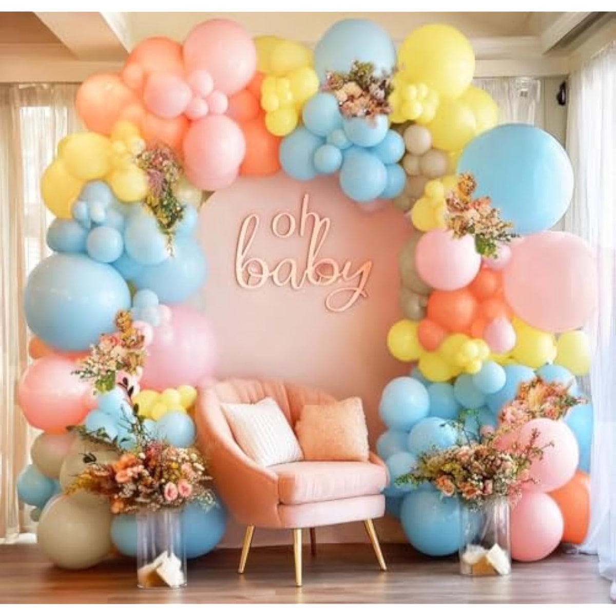 Yellow Blue Pink Balloon Arch Double Stuffed Pastel Pink Blue Yellow Peach Sand White Balloon Garland Kit For Baby Bridal Shower Birthday Wedding Fairy Easter Flower Spring Tea Party Decor