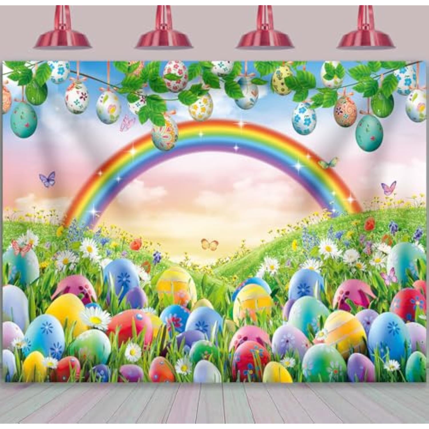 7X5Ft Spring Easter Backdrop Rainbow Meadow Flowers Colourful Eggs Photography Backgrounds Newborn Photography Backdrop Children'S Baby Birthday Party Decoration Banner