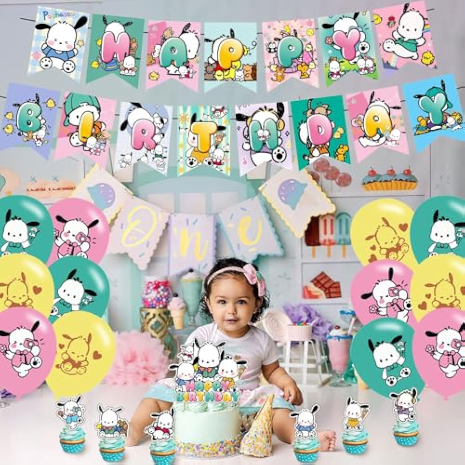 Pochacco Themed Party Supplies — Kawaii Balloons, Cupcake & Cake Toppers
