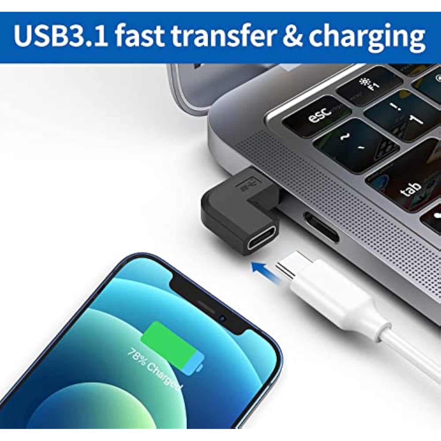90 Degree Type Usb C Adapter, 2 Pack Usb C To Usb-C Fast Charger And Transfer