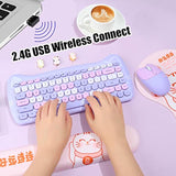 Cute Cat 2.4G Usb Wireless Keyboard And Mouse Combo, Silent Keys, Candy Colors, Compatible With Notebook, Pc (Purple84Keys)