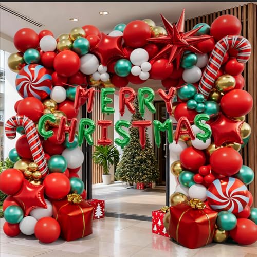 143 Pcs Christmas Balloon Garland Arch Kit-Merry Christmas Banner and Red White Gold Metallic Green Cane Balloons Candy Foil Balloons Gift Box Balloons for Xmas Party Decorations