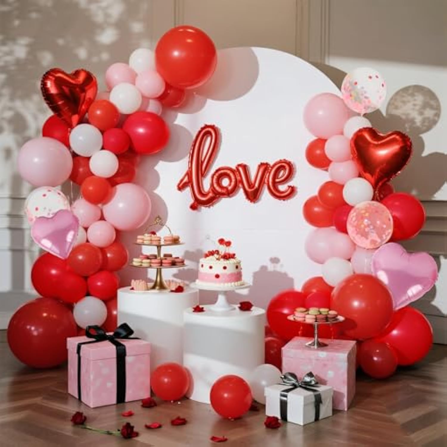 263 Pcs Valentines Day Balloon Arch Kit Decorations, Pink/White/Red Balloons Garland Decor With Love Heart Balloon Rose Petals For Galentines Day Party Birthday Wedding Proposal Anniversary