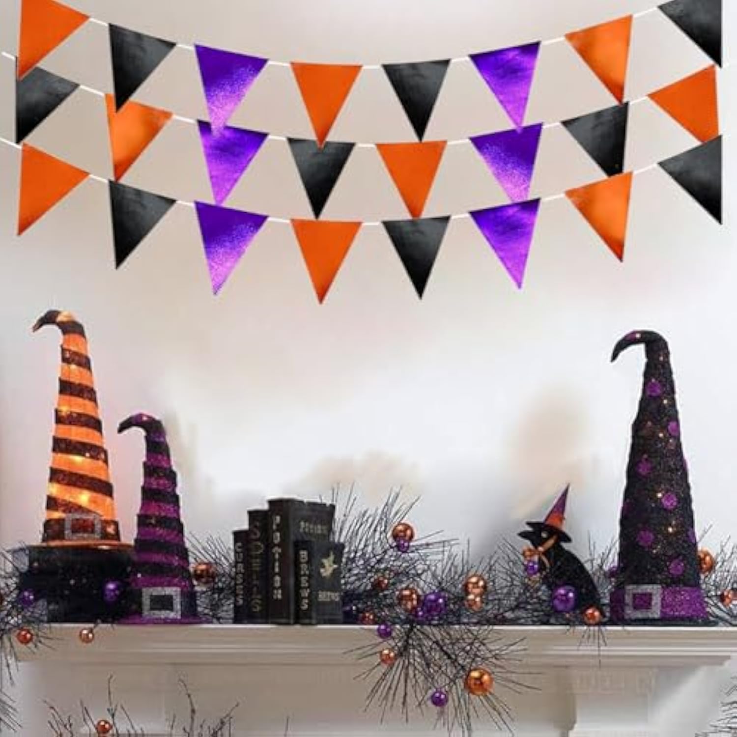39Ft Black Orange Purple Glitter Fabric Bunting Banner Triangle Flags Hanging Cotton Pennant Banner For Birthday Wedding Engagement Halloween Theme Party Home Garden Decorations Supplies