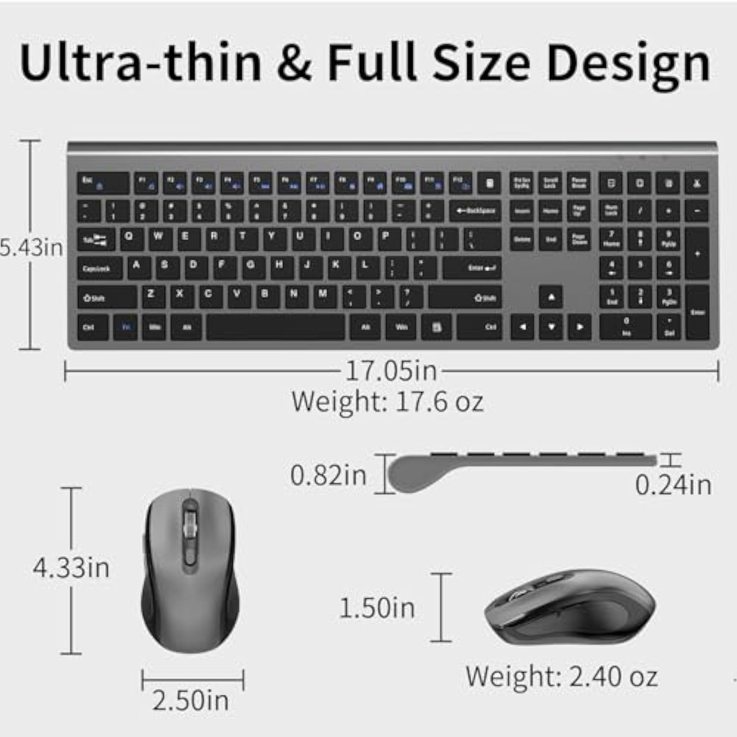 Keyboard And Mouse Wireless, Slim Full Size Keyboard With Calculator Button, Fn Lock, Silent Computer Mouse With Side Button, 2400 Dpi, 2.4G Usb Cordless Set For Laptop Pc Windows Mac -Gray