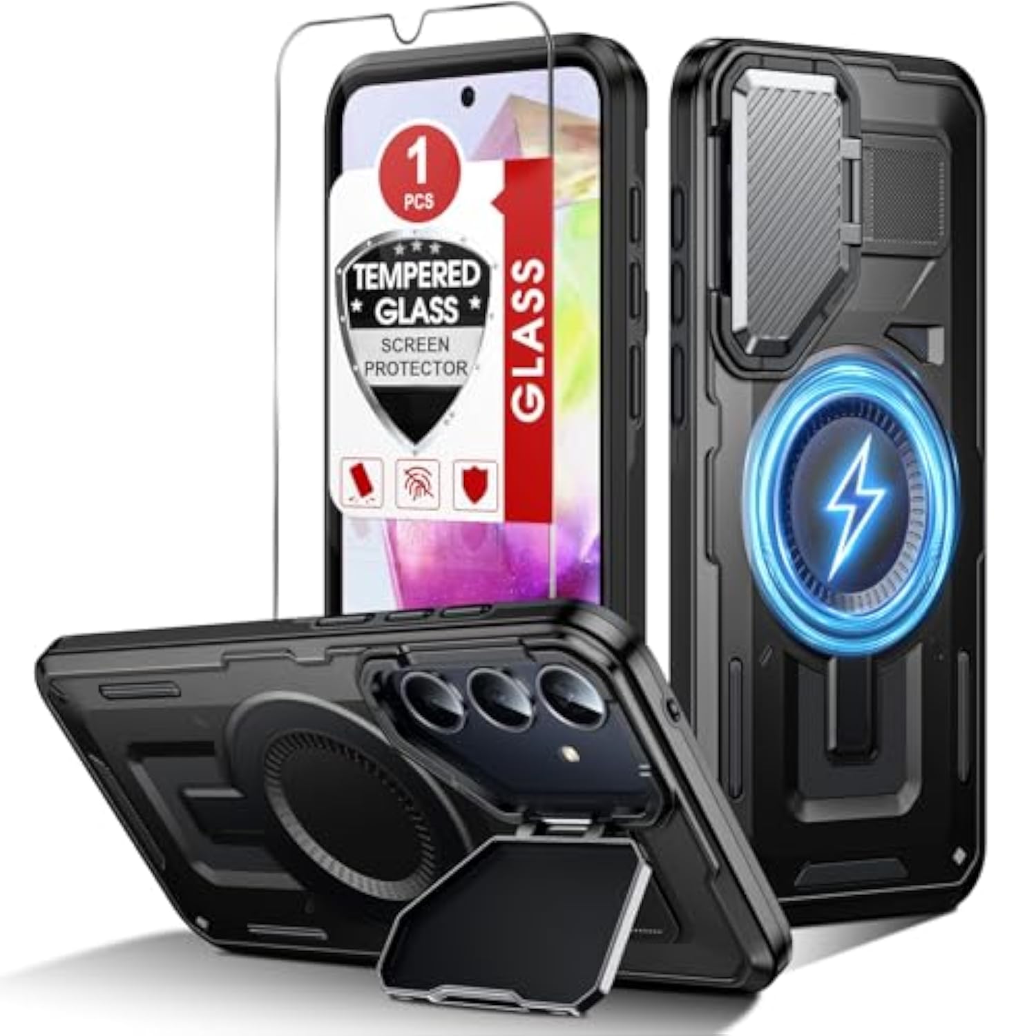 For Galaxy A35-5G Phone Case: Samsung A35-5G Case With Tempered Glass Screen Protector, Compatible With Magsafe Military-Grade Heavy Duty Rugged Cover With Camera Cover Stand For A 35 6.6", Black