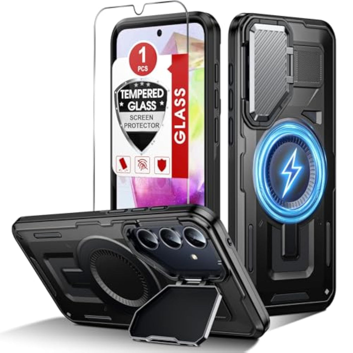 For Galaxy A35-5G Phone Case: Samsung A35-5G Case With Tempered Glass Screen Protector, Compatible With Magsafe Military-Grade Heavy Duty Rugged Cover With Camera Cover Stand For A 35 6.6", Black