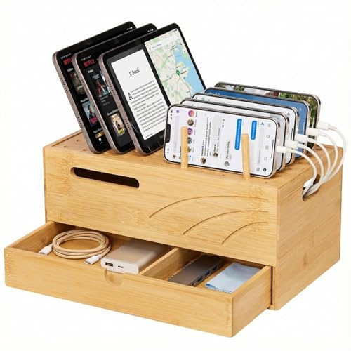 Bamboo Charging Station Organizer: 2 Layer Charger Holder with Drawer for Office Home - Electronic Docking Stand for Multiple Devices, Tablets, Phones