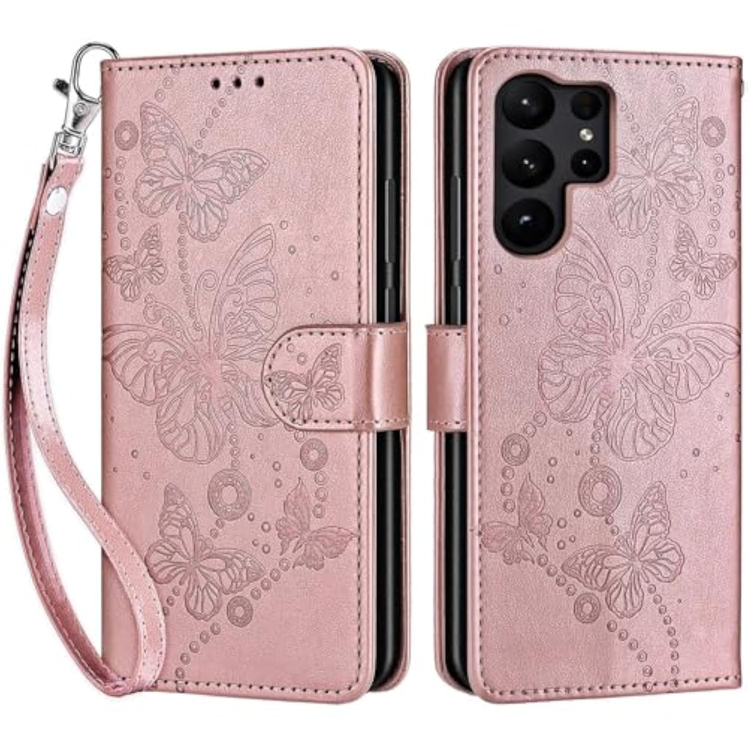 For Samsung Galaxy S23 Ultra Wallet Case, Flip Folio Cover With Stand Feature For Women Men, Pu Leather Phone Case Fit For Samsung Galaxy S23 Ultra [Rose Gold-Butterfly]