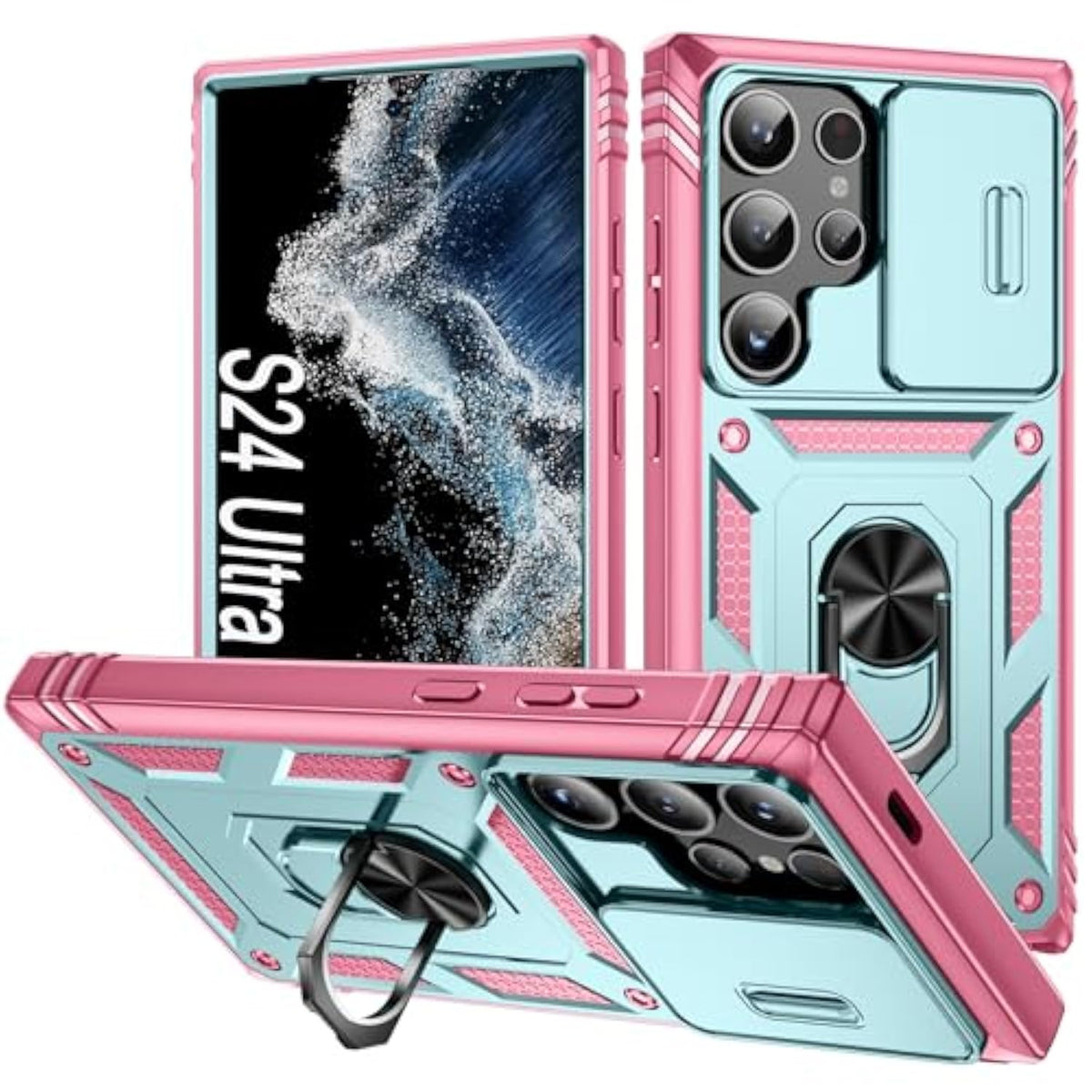 Case For Galaxy S24 Ultra, Slide Lens Protective Case Shockproof Impact Resistant With Kickstand Cover Case For Samsung Galaxy S24 Ultra 5G 6.8" (Green Pink)
