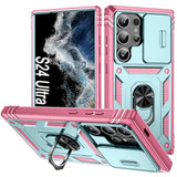 Case For Galaxy S24 Ultra, Slide Lens Protective Case Shockproof Impact Resistant With Kickstand Cover Case For Samsung Galaxy S24 Ultra 5G 6.8" (Green Pink)