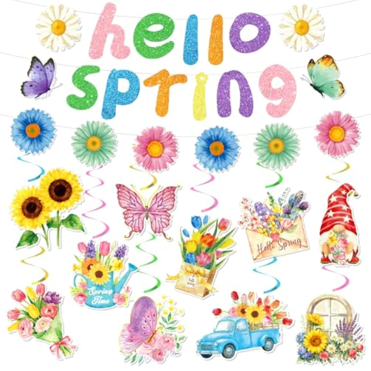 22Pcs Spring Party Decorations, Hello Spring Decor With Hello Spring Banner Garland Hanging Swirls Butterfly Flowers Hanging Decorations Spring Decorations For Office Home Office Classroom