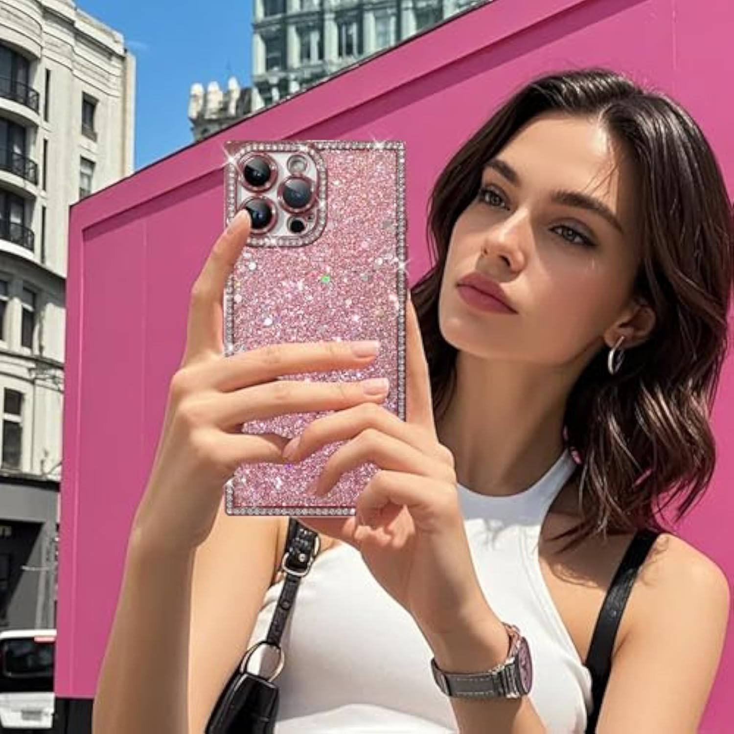 Luxury Glitter For Iphone 14 Pro Max Rectangle Case With Screen Protector, Crystal Diamond Rhinestones Sequin Bling Sparkly Glossy Cute For Women Soft Shockproof Protective Phone Case, Pink