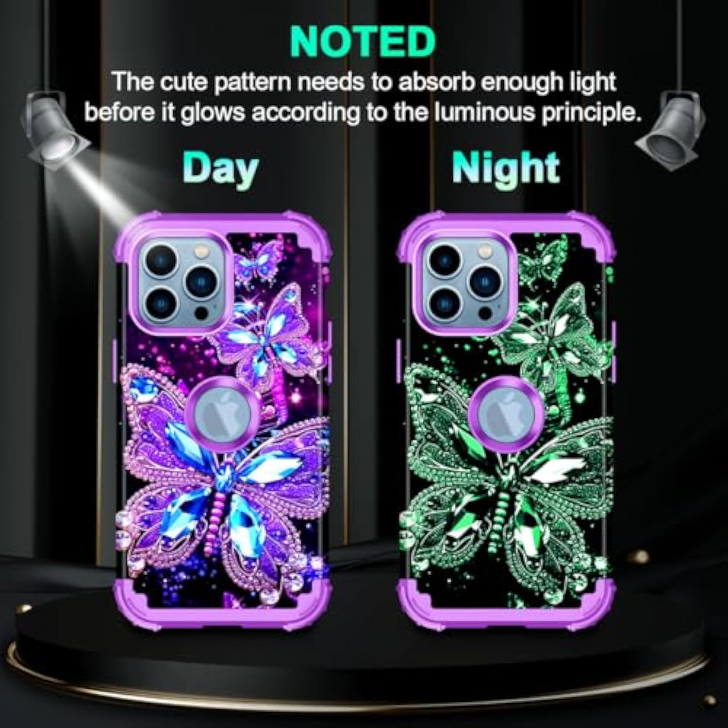 For Iphone 13 Pro Max Case,Glow In The Dark Three Layer Heavy Duty Shockproof Full Body Protection Hard Plastic Bumper+Soft Silicone Case For Apple Iphone 13 Pro Max 6.7 Inch,Dark Butterfly