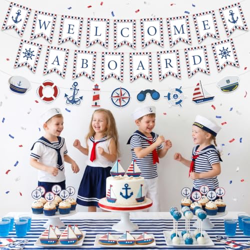 Nautical Party Decorations White Welcome Aboard Banner Ship Anchor Wheel Hanging Banner for Boys Men Sailor Baby Shower Nautical Ocean Beach Cruise Birthday Adventure Party Supplies