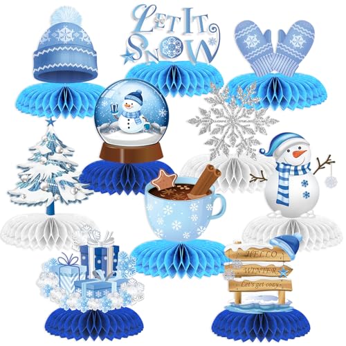 10 Pcs Snowflake Christmas Party Supplies Winter Wonderland Party Decorations Blue White Snowflake Honeycomb Centerpieces Table Decorations for Christmas Holiday Winter Birthday Party Supplies