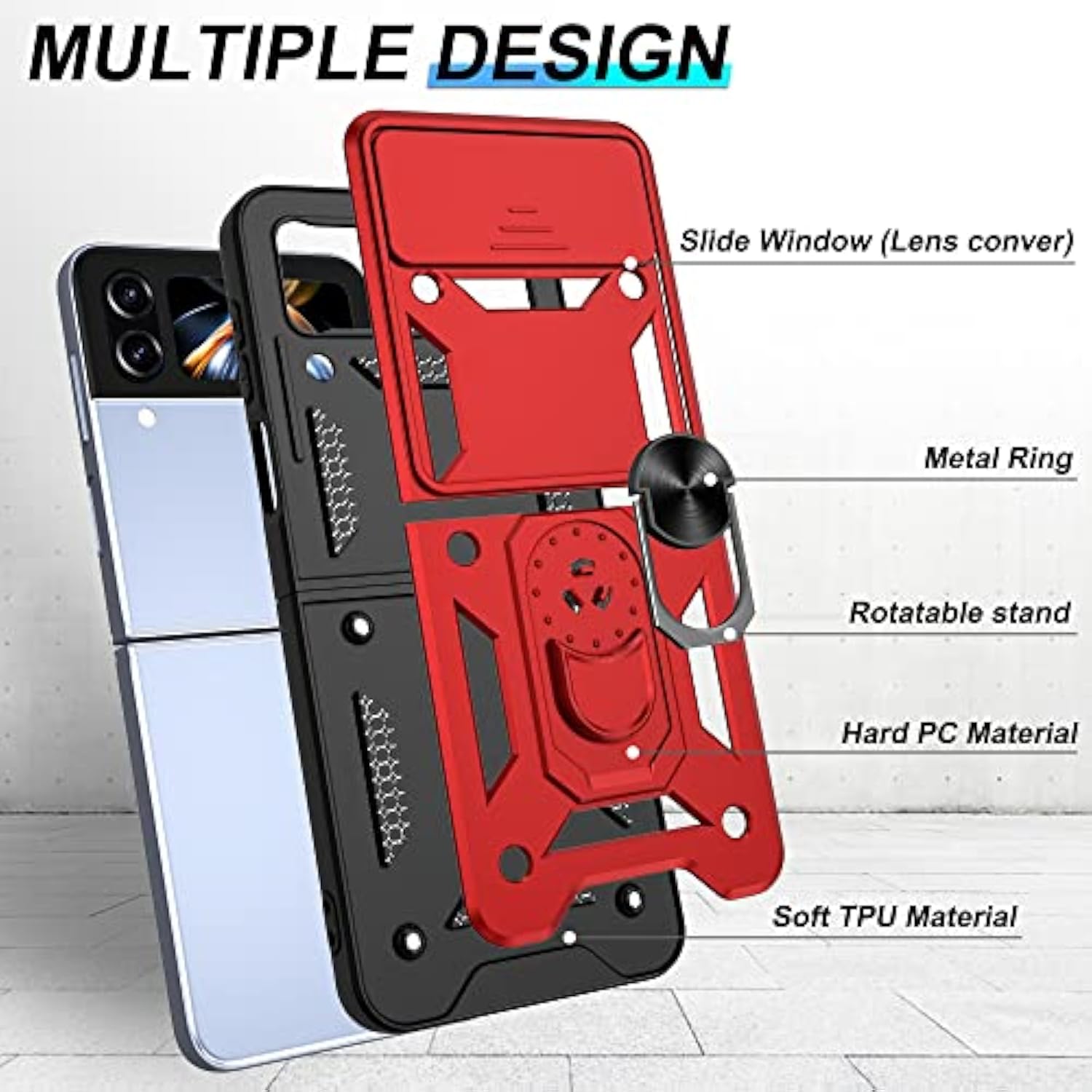 For Samsung Galaxy Z Flip 4 Case With Slide Camera Cover, 360°Rotation Ring Kickstand [Military Grade] Case For Samsung Galaxy Z Flip 4,Red