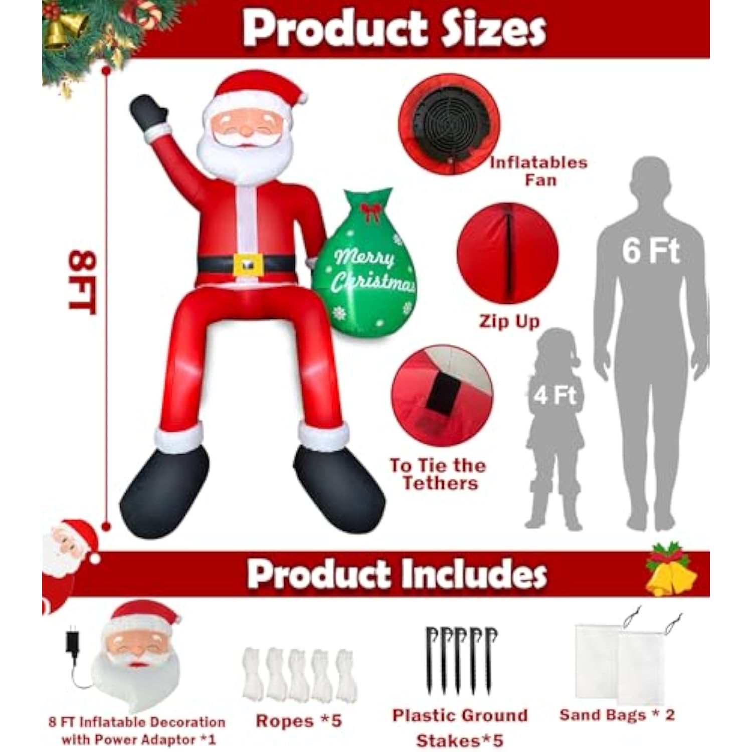 8 Ft Christmas Inflatable Outdoor Decorations Blow Up Sitting Santa Claus With Gift Bag, Lighted Santa Carrying Present