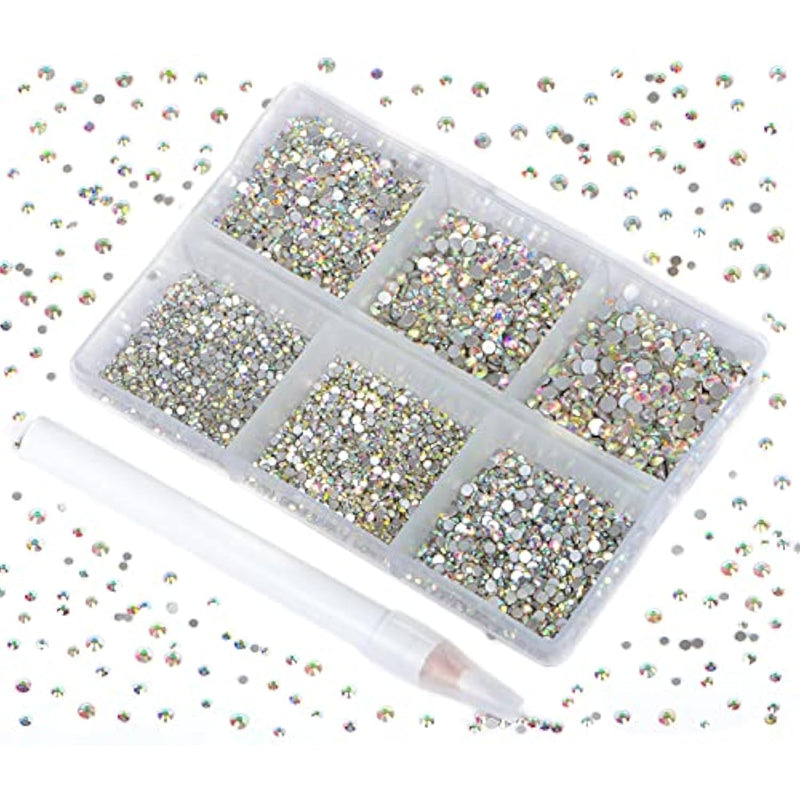 7200 Pieces 6 Mixed Sizes Glue Fix On Glass Rhinestones Round Crystal Gems Flatback For Diy Jewelry Making With One Picking Pen (6-Sizes 7200Pcs, Crystal Ab)
