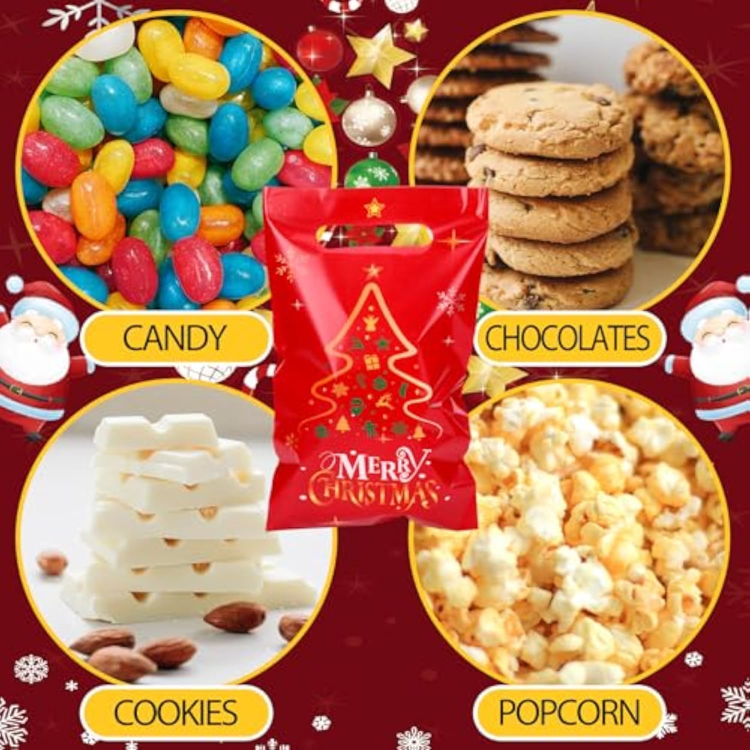 150 Pcs Christmas Treat Bags Christmas Tree Goodies Bags Bulk Plastic Candy Treat Snacks Bags With Handles For Holiday Cookie Goody Gift Merry Christmas Party Favor Supplies, 6 Styles