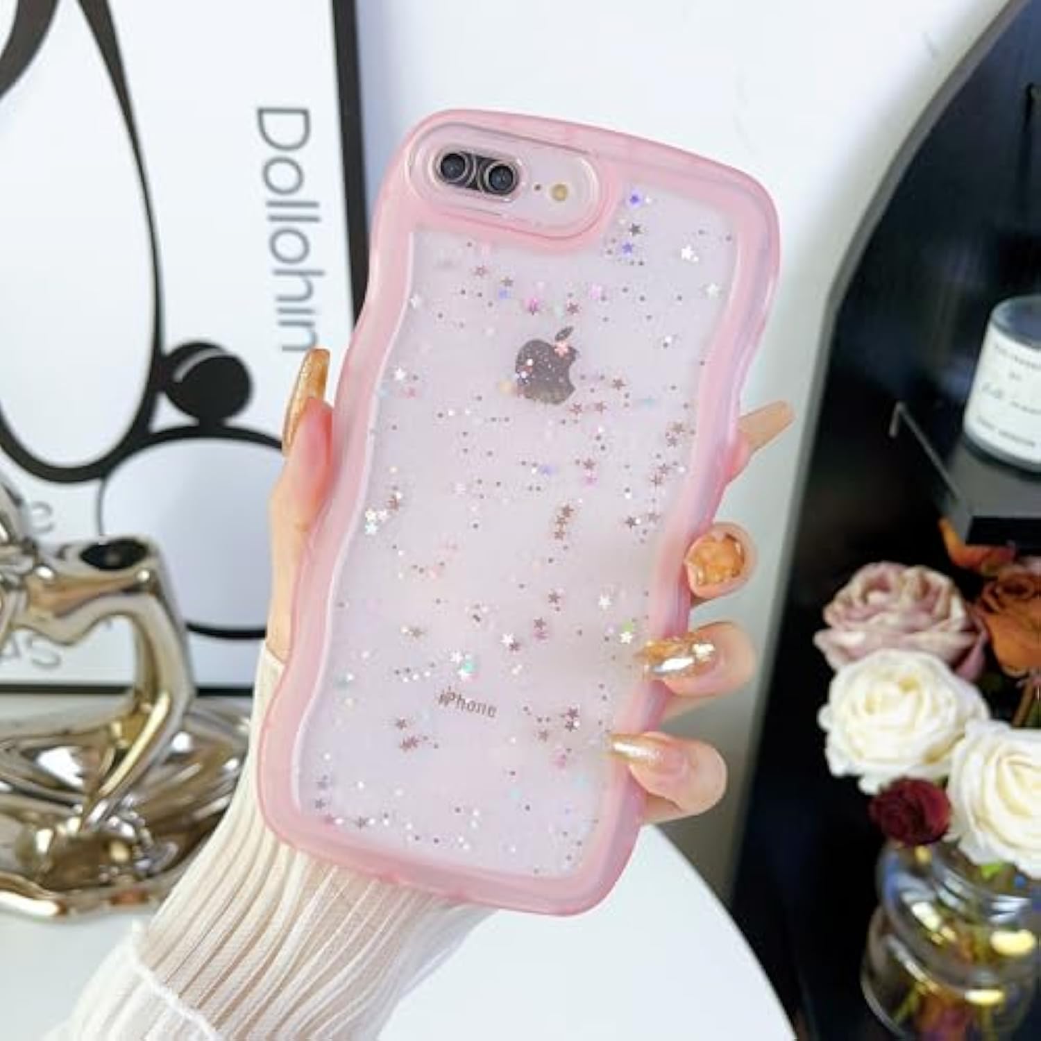 For Iphone Se/Iphone 8/7 Case,Cute Clear Glitter Curly Wave Design Transparent Bling Shiny Protection Soft Tpu Shockproof Phone Cover For Women Pink